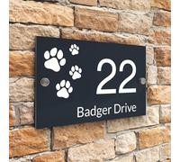 Gufacai Personalized Acrylic House Number Sign, Modern Dog House Sign, Custom Outdoor Address Number Plaque, Paw Print Wall Art Decor, Housewarming Gift (Black Silver, 23X15cm)