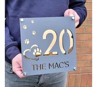 Gufacai Personalized Modern Dog Paw Print House Number Sign, Acrylic, Wall Mount, Backlit, Gray Silver, 18x18cm