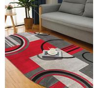 GUGJHFVH Oval Washable Bedroom Rugs Living Room Soft Area Rugs Office Hort Pile Carpet Dining Room Hallway Entryway Non Slip Rugs Modern Geometric Stripes Red Grey Block Mosaic