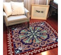 GUGJHFVH Square Rug 80 x 80 cm Machine Washable Kitchen Area Rugs Dining Non Slip Bedroom,and Living Room Low Pile Carpet Ethnic Floral Red/Blue