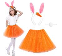 GugnRyAc 3 Pcs Easter Bunny Costume for Girls, Orange Rabbit Dress Up Outfit with Headband, Tutu Skirt, Tail, for 3-10y Kids Carnival Cosplay Costume