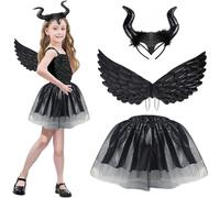 GugnRyAc 3 Pcs Maleficent Costume for Girls, Witch Devil Dress Up Outfit with Horn, Wings, Tutu Skirt for 3-10y Kids Carnival Cosplay Halloween Costume