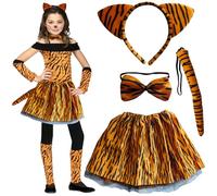 GugnRyAc 4 Pcs Girls Tiger Costume Set With Tutu Dress, Ears Headband, Bowtie, Tail - Animal Dress up Outfit for 3-10y Kids Carnival Halloween