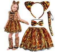 GugnRyAc 4 Pcs Tiger Costume Set for Girls, Animal Outfit with Tutu Skirt, Tiger Ears Headband, Bowtie, Tail, Fancy Dress for 3-10y Kids Carnival Halloween