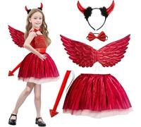GugnRyAc 5 Pcs Devil Costume for Girls, Red Devil Dress Up Outfit with Horn, Angel Wings, Tutu Skirt, Bowtie, Tail, for 3-10y Kids Carnival Halloween