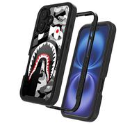 GUGU6JI Street Fashion Cool Camo Black Gray Shark Design Compatible with iPhone 16 Case for Boys Man Luxury Shockproof Rugged Cover Dual Layer Soft TPU + Hard PC Bumper Full-Body Protective Case