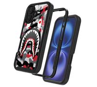 GUGU6JI Street Fashion Cool Camo Red Gray Shark Design Compatible with iPhone 16 Case for Boys Man Luxury Shockproof Rugged Cover Dual Layer Soft TPU + Hard PC Bumper Full-Body Protective Case