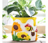 GUGUGO Colorful Bees and Sunflowers Plant Pots, Cute Unique Succulent Planters with Drainage, Rainbow Small Mushrooms Flower Planters Pots for Indoor Plants, Funny Eclectic Home Decor