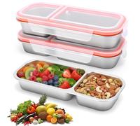 Gugxiom 3 Pack Stainless Steel Snack Box, 2 Compartment Stainless Steel Snack Containers with Lids, Reusable Divided Metal Lunch Box for Kids & Adults, for School, Home, Travel (2 compartments)