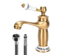 Gugxiom Antique Brass Bathroom Tap, Vintage Copper Basin Faucet | Brass Construction, Floral Pattern Decoration, for Vanity Lavatory Rv Farmhouse, Ceramic Antique, Retro, Single Handle
