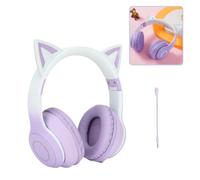 Gugxiom Cat Ear Headphones, Wireless Gaming Headsets via Bluetooth 5.1/3.5mm AUX Cable, Foldable Headphones with 7 Colors LED Lights and 4 LED Modes for Girls, Adults (Violet)