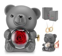 Gugxiom Eternal Rose Bear with Necklace, Preserved Real Rose Teddy Gift Box, Romantic Bear with Preserved Flower for Her in Valentine's Day, Mother's Day, Wedding, Anniversary (Gray)