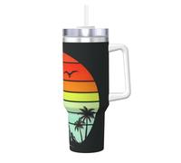 GUHAOT 40oz Tumbler with Handle and Straw, Sunset with Seagulls Print Double Wall Insulated Flask Ice Bully, Stainless Steel Travel Mug, Vacuum Iced Coffee Cup