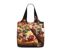 GUHAOT Tantalizing Sausage Pizza Print Reusable Shopping Bag, Foldable Grocery Tote, Packable Shoulder Bag, 25L Supermarket Carrier for Travel, Work, Daily Use