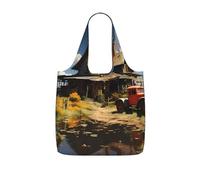 GUHAOT Texas Farm Tractor Print Reusable Shopping Bag, Foldable Grocery Tote, Packable Shoulder Bag, 25L Supermarket Carrier for Travel, Work, Daily Use