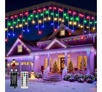 Guhope Icicle Outdoor Christmas Lights, 10m 300LED Icicle Light Multicolour | Hanging Fairy Lights Mains Powered with Remote/8 Modes/Timer/ Dimmable/Connectable/IP44 for Eaves/Gutters/Garden/Patio Decor