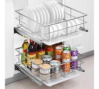 GUHPZA 2-Tier Individual Pull Out Cabinet Organizer Heavy Duty Pull Out Spice Rack 304 Stainless Steel Wire Basket Metal Sliding Drawer Shelf w/Soft-Close Slide Out Sh,Black-24(W)*41(D)*16(H) cm