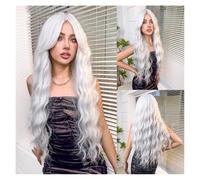 GUHPZA Deep Wave Lace Front Wigs Human Hair, Red Gradient Eight-character Bangs Big Wave Long Curly Hair Fashion Full Halloween Wig,Silver White