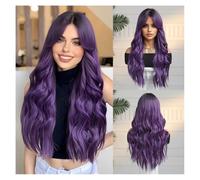 GUHPZA Deep Wave Lace Front Wigs Human Hair, Red Gradient Eight-character Bangs Big Wave Long Curly Hair Fashion Full Halloween Wig,Purple