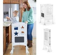 Guidecraft Classic Kitchen Helper Stool - White with 2 Keepers and Non-Slip Mat: Foldable, Adjustable Height Safety Cooking Tower for Toddlers with Chalkboard and Whiteboard Message Boards