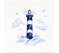 Guiding Lighthouse Delftware Style Tile 15cm x 15 cm Blue and White Decorative Ceramic Tile Hand Decorated in UK