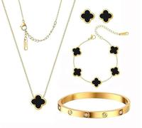 Guidre Four-Leaf Clover Jewellery Set for Women Girls,18K Gold Plated Love Friendship Bracelet,4 PCS 18K Rose Gold Plated Stainless Steel Double-sided Four-Leaf Clover Pendant Necklace (Black)