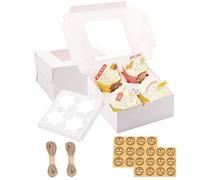 GUIFIER 24 PCS Cupcake Boxes 4 Hole, White Bakery Boxes with Window Inserts,Cupcake Carriers Muffins Boxes Cupcake Containers Cake Holder Cookie Boxes 6x6x3 for Macaroon Donut(with Twine & Stickers)