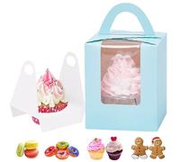 GUIFIER 30 Pack individual Cupcake Boxes, Single Cupcake Carrier with Inserts, Paper Bakery Boxes, Cake Gift Boxes with Window, Pastry Boxes with Handle Treat Boxes for Cookies, Desserts Pie (Blue)