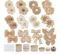 GUIFIER 30PCS Burlap Flowers Set, Include 24 Handmade Burlap Flowers and Bowknots, 5 Lace Burlap Ribbon Rolls,1 Twine Ribbon and Glue Point for Wedding Party Decor Home Embellishment DIY Crafts