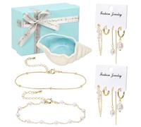 GUIJZSLTRG 14K Gold Plated Brass Pearl Jewelry Set Include 8 Earring and 2 Bracelet with Ceramic Shell Dish and Gifts Box for Wedding Festival Party Bridal and Bridesmaid Accessories