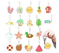 GUIJZSLTRG 36 Pcs Unfinished Wooden Keychain, Color Your Own Keychain Blank with Rings, 36 Styles Wood Painting DIY Crafts for Home Active Party Summer Party Favors Gifts Decorations(Summer Theme)