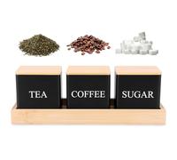 GUIJZSLTRG 3Pcs Metal Tea Coffee Sugar Canisters with Bamboo Lid and Tray 500ml Large Capacity Square Kitchen Container Set Decorative Counter Food Storage Tin for Beans, Granules, Teas(black)