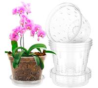 GUIJZSLTRG 5 Pack Orchid Pots Clear 4/5/6 Inch Plastic Flower Plant Pots with Holes and Saucers House, Nursery Pot for Orchid Repotting Kit, Seed Seedling Pot Breathable for Root Growing (6 inch)