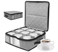 GUIJZSLTRG Coffee Mug Storage Box with Dividers and Zipper, Camping Wine Storage Container with Lid and Handles, Stackable Tumblers Hard Shell Holds 12 Coffee Mugs, Tea Cup for Moving Packing Kitchen