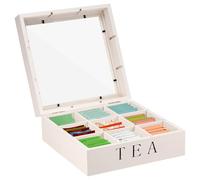GUIJZSLTRG Tea Box Organiser Wood Tea Bag Holder with Clear Lid 9 Compartments Tea Caddy Practical Tea Chest Tea Storage Box Reusable Large Capacity Tea Bag Organiser for Home Office Use Gift(white)