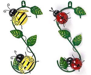 Guillala 2 x Garden Metal Wall Ornaments, Bumble Bee + Ladybug/Ladybird Wall Hanging Ornament, Decorative Insect Sculptures with Green Leaves for Outdoor Wall Yard Patio Livingroom décor
