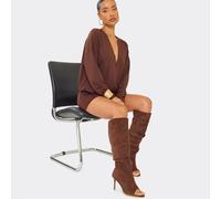 Guilty Peep Toe Slouched Stiletto Heel Knee High Boot In Brown Faux Suede, Women's Size UK 3