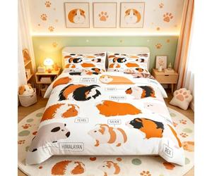 Guinea Pig Comforter Cover,Cute Animals Pattern Types of Rodent Breeds,Nursery Boys Decorative 3 Pieces Bedding Set Super King(1 Duvet cover Set & 2 Pillow Shams) & Zippers Ties,Brown Ginger