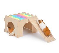 Guinea Pig Hideout, Guinea Pigs House with Stairs and Mats Extra Large Guinea Piggy Castle Detachable Hideouts for Small Animals Wooden Guinea Pig Habitats with Multiple Doors and Windows