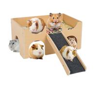 Guinea Pig House, Wooden Guinea Pig Bed with 4 Caves and Ramp, Large Hamster Castle Hiding Place with Non-Slip Mat, Stairs and Mats, for Chinchilla Dwarf Rabbits Squirrel Hedgehog (Single Layer)