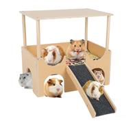Guinea Pig House, Wooden Guinea Pig Bed with 4 Caves & Ramp, Large Hamster Castle Hiding Place with Non-Slip Mat, Stairs and Mats, for Chinchilla Dwarf Rabbits Squirrel Hedgehog (Double Layer)
