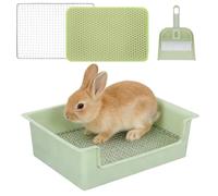 Guinea Pig Litter Box, Rabbit Litter Box, Low-Entry Plastic Bunny Litter Pan with Steel Grids and Broom, Small Animal Training Potty Animal Bedding Toilet for Hamster Chinchilla Guinea Pigs