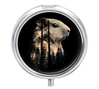 Guinea Pig with Forests Pill Box Cute Metal Round Pill Case with 3 Compartments and Mirror for Vitamin Fish Oils