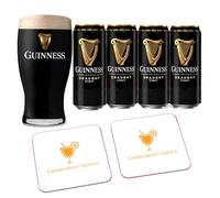 Guinness Draught Stout Beer Gift Set | 4 x 440 ml Cans, 1.76 L Total | 4.1% ABV | Official Branded 20 oz Pint Glass | 2 Celebration Spirits Beer Mats | Irish Stout Alcohol Gift Bundle