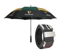 Guinness Official 3-Piece Gift Set for Men - Colour Panel Umbrella (Green, Gold & Black), Leather Adjustable Belt (S-XXL) & RFID Blocking Wallet with Key Fob - Premium Gift Set