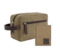 Guinness Official Merchandise Men’s Genuine Leather & Canvas RFID Credit Card Wallet with 6 Card Slots + Genuine Leather & Canvas Wash Bag - Brown/Beige Bundle