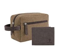 Guinness Official Merchandise Men’s Genuine Leather & Canvas RFID Wallet with 8 Card Slots, Coin Pocket & Removable Card Holder + Genuine Leather & Canvas Wash Bag - Brown Bundle