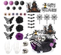 Guiqulai 34 Pcs Halloween Cake Toppers Set, Ghost Tree Skull Spider Web Bat Eyeballs Purple Black Balls Haunted Decor for Trick or Treat Party Supplies