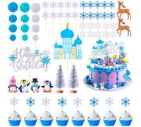 Guiqulai 52 Piece Winter Cake Topper Set, Snowflake Penguin Reindeer Snowman Castle Decorations for Christmas Birthday Party Cupcake