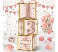 Guiruiy 3Pcs 13th Birthday Decorations Boxes for Girls Women, Pink Rose Gold Sweet 13 Birthday Balloons Boxes Party Supplies, Pink Sweet Thirteen Bday Theme Cardboard Box Decor